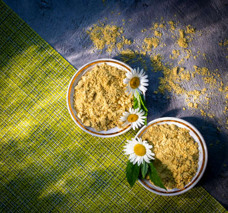 Mustard powder on a gray background.の写真素材