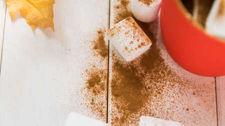 Top view of coffee with marshmallows and cinnamon in a red cup. The concept of a cozy time at home. Copy spaceの写真素材
