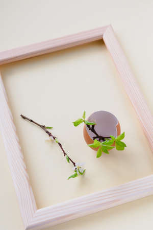 Easter egg and blooming apricot branch inside a wooden photo frame on a light background.