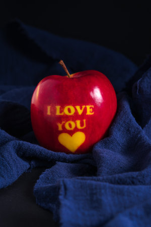 Ripe red apple with the inscription I love you on a dark background. Creative declaration of love.