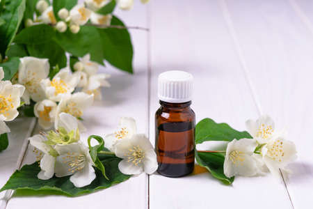 Still life of essential oil in a dark glass bottle and a flowering branch of jasmine.の写真素材