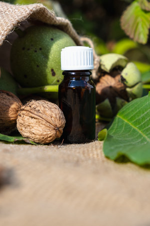 Ripe and green fruits and walnut oil in a glass bottle against a background of linen cloth. A useful foodの写真素材