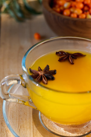 Hot healthy tea from fresh sea buckthorn with spices. Autumn vitamin drink for colds. Alternative medicine.の写真素材