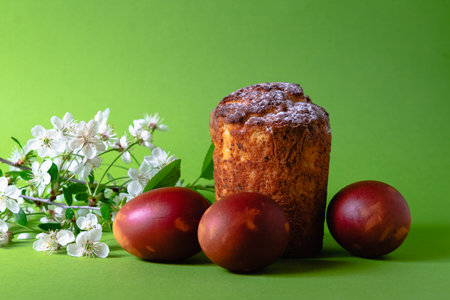 Easter eggs and Easter cake on a bright green background and a flowering branch. Bright postcard. Horizontal frame.の写真素材