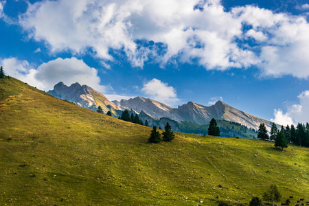 Mountain landscape with green meadows and blue sky with white cloudsの写真素材