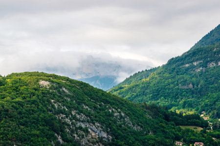 Mountain landscape in the summer. Beautiful view of the mountains and forest.の写真素材