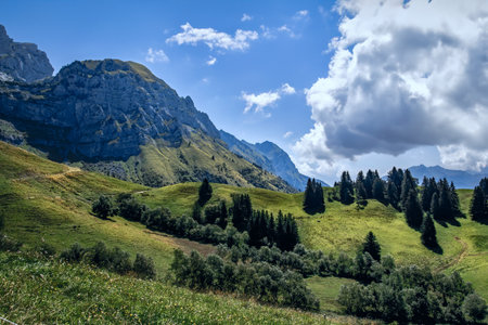 Limestone Ridges and Green Hills in Haute-Savoieの写真素材