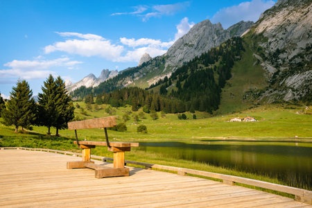 Wooden bench on a deck with mountain view in the Alpsの写真素材