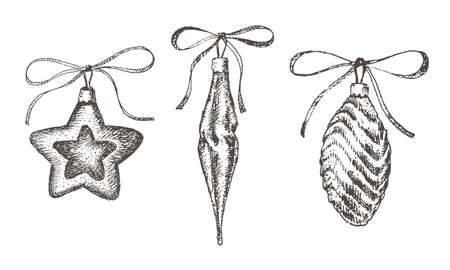 Christmas retro toys set isolated. Hand drawn style. New year illustration. Vector imageのイラスト素材