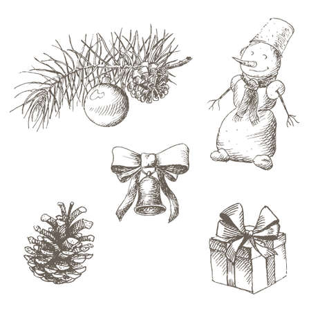 Christmas and new year objects set. Pinecone, fir branch, bell, toy, snowman, gift and bow. Isolated on white background. Vintage engraving illustration. Hand drawn vector picture. Xmas collection.のイラスト素材