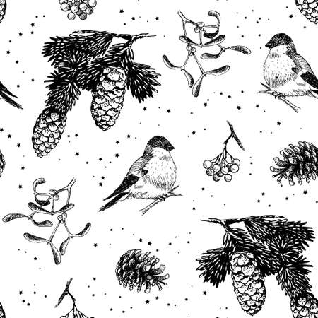 Christmas pattern seamless, hand drawing sketch illustration. Vector christmas pinecone, fir branch, holly, bullfinch and rowanのイラスト素材