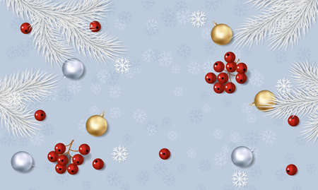 Christmas background with fir white branches and red rowan berry with gold and silver balls decorations. Vector illustrationのイラスト素材