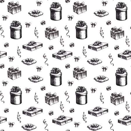 Sketch gifts box packaging. Pattern seamless. Vintage engraved illustration isolated on white background.のイラスト素材