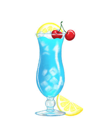 illustration of summer bright cocktail blue laguna with ice, cherry and lemon decorの写真素材