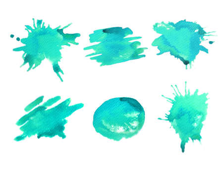 set of handmade illustrations of beautiful and bright ink, watercolor stains in turquoise colorの写真素材