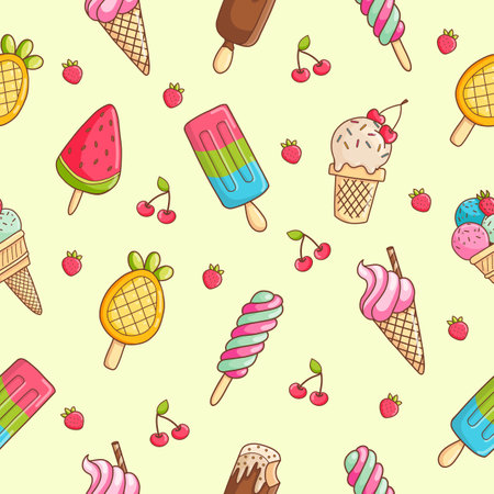 Seamless vector pattern with colorful ice cream and berriesのイラスト素材