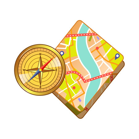Vector illustration of road map and compass in cartoon style isolated on white backgroundのイラスト素材