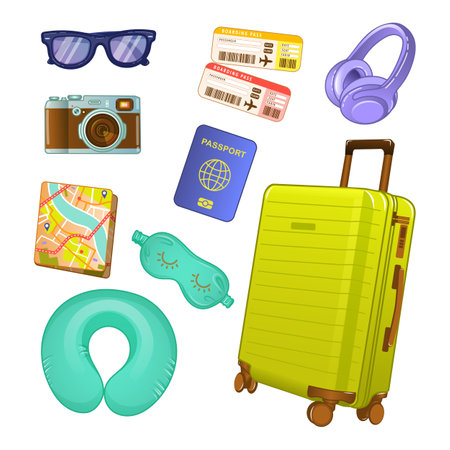Set of vector illustrations of travel and tourism accessories. Neck pillow, suitcase, passport,tickets,camera,sunglassesのイラスト素材