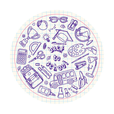 Vector illustration of school items and stationery. Hand drawn set of school supplies. Circle design. Sketch elementsのイラスト素材