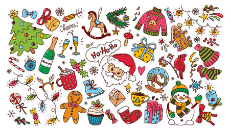 Large set of colourful funny doodle elements on Christmas theme hand drawn. Vector doodle illustrations for your designのイラスト素材