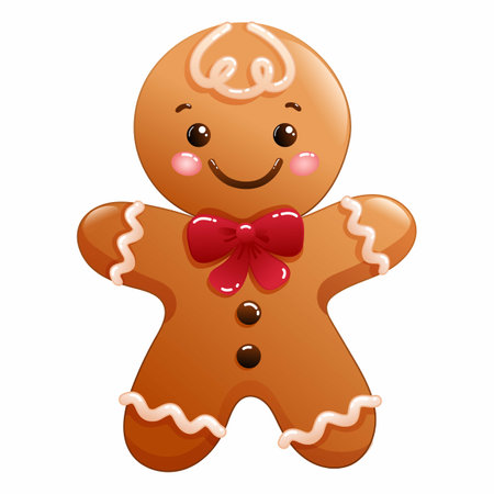 Vector illustration of cute Christmas gingerbread with red bow. Funny winter biscuits isolated on white backgroundのイラスト素材