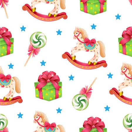 Seamless pattern of cute Christmas vector illustrations of a rocking horse, a gift and a lollipopのイラスト素材