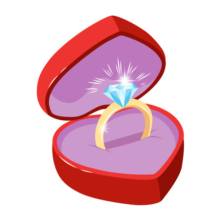 Hand drawn vector illustration of an engagement ring in a heart shaped gift box. Color doodle sketch of a diamond ringのイラスト素材