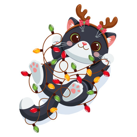 Vector illustration of a playful black and white cartoon cat tangled in colorful Christmas lightsのイラスト素材