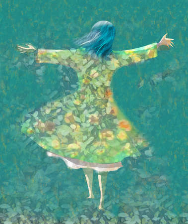 Woman and flowers in dynamic situation, with skirts to the windの写真素材