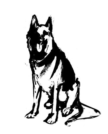 Pen illustration of a sitting German Shepherd dogのイラスト素材