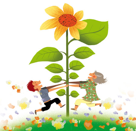 Two women illustration dancing around a flower in spring landscapeのイラスト素材