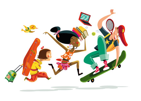 Children and young people, all to school with backpacks, books and skateboardsの写真素材