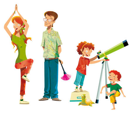 Family in the field, on top of the grass, playing, jumping fun i activeの写真素材