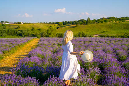 woman model in white dress outfit with hat is standing dancing in lavender field, photo session. Concept of freedom. Good picture for cover, calendar, postcard, wallpaperの写真素材
