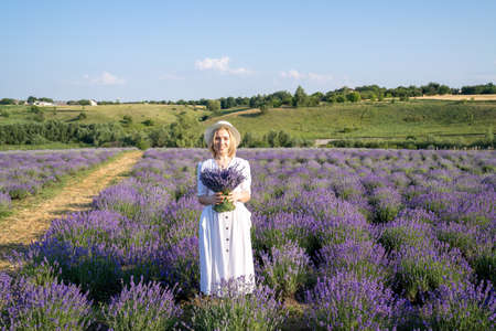 portrait of woman model in white dress outfit with hat is standing in lavender field, photo session. Young girl is holding lavender bouquet. Good picture for cover, calendarの写真素材