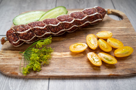 sausage salami with vegetables: cut cucumbers, cherry tomato and dill herb, closeup on the wooden plate, restaurant presentation, nutrition, calories and carbs, high in sodium mealの写真素材