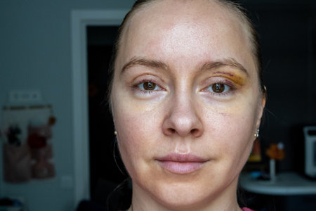 woman face recovery after plastic surgery, blepharoplasty operation, visible eyes wound cuts, swelling eye bags, swollen skin sutures and bruised eyelids. Cosmetic surgeryの写真素材