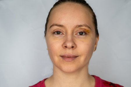 woman face recovery after plastic surgery, blepharoplasty operation, visible eyes wound cuts, swelling eye bags, swollen skin sutures and bruised eyelids. Cosmetic surgeryの写真素材