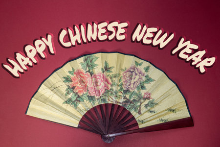 chinese new year text inscription, asian style handheld fan with flower print on red background,...