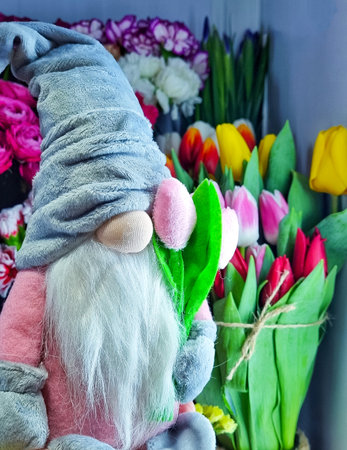 beautiful bouquet of spring flowers, toy nisse gnome with tulips, dwarf in grey hat, happy international woman's day 8 march, congratulations to mother's dayの写真素材
