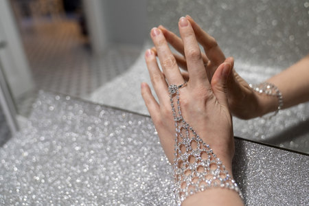 elegant woman hand with silver jewelry bracelet and ring. Reflection of hand in the mirror. Creative effect. Touching own reflection. Concept of loving and accepting yourself.の写真素材