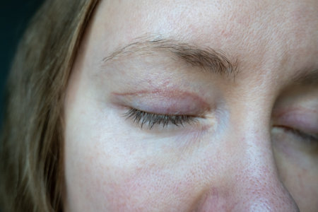 woman face after plastic surgery on eyes, blepharoplasty operation, incisions stitches, healing after operation, scar from surgical cut on eyelid, healed wound skinの写真素材