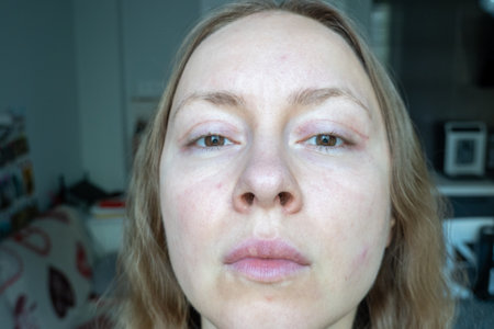woman face after plastic surgery on eyes, blepharoplasty operation, incisions stitches, healing after operation, scar from surgical cut on eyelid, healed wound skinの写真素材