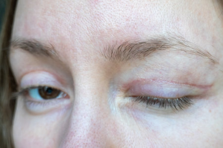 woman face after plastic surgery on eyes, blepharoplasty operation, incisions stitches, healing after operation, scar from surgical cut on eyelid, healed wound skinの写真素材