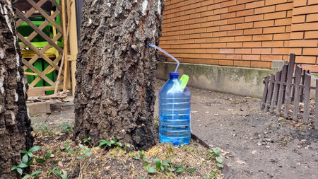 collect birch sap juice, birch tapping from hole in tree into container through  strawの写真素材