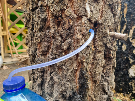 collect birch sap juice, birch tapping from hole in tree into container through  strawの写真素材