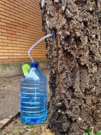 collect birch sap juice, birch tapping from hole in tree into container through  strawの写真素材