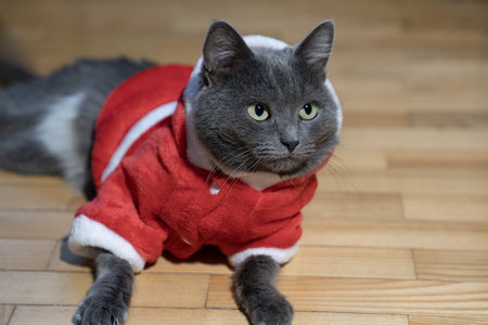 cute gray domestic cat in red sweater with ears up is lying on the floor. Merry Christmas and Happy New Year. Pet clothes, warm in winterの写真素材