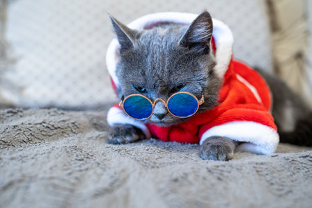 grey cute cat in santa claus costume and sunglasses sitting on sofa at home. Green tropical Christmas. Happy holidays and New Year. Home coziness and celebration.の写真素材