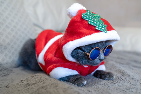 grey cute cat in santa claus costume with christmas tree and sunglasses sitting on sofa at home. Green tropical Christmas. Happy holidays and New Year. Home cozinessの写真素材